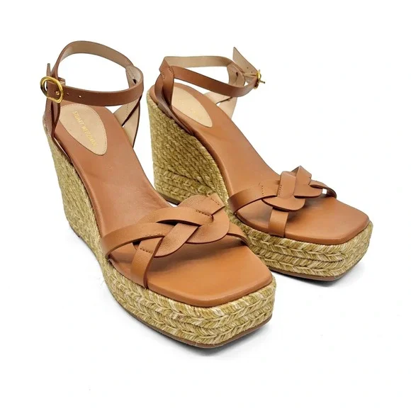 Stuart Weitzman Tan Braida Max Leather Espadrille Wedge Sandals Women's Size 9.5 - Picture 4 of 9